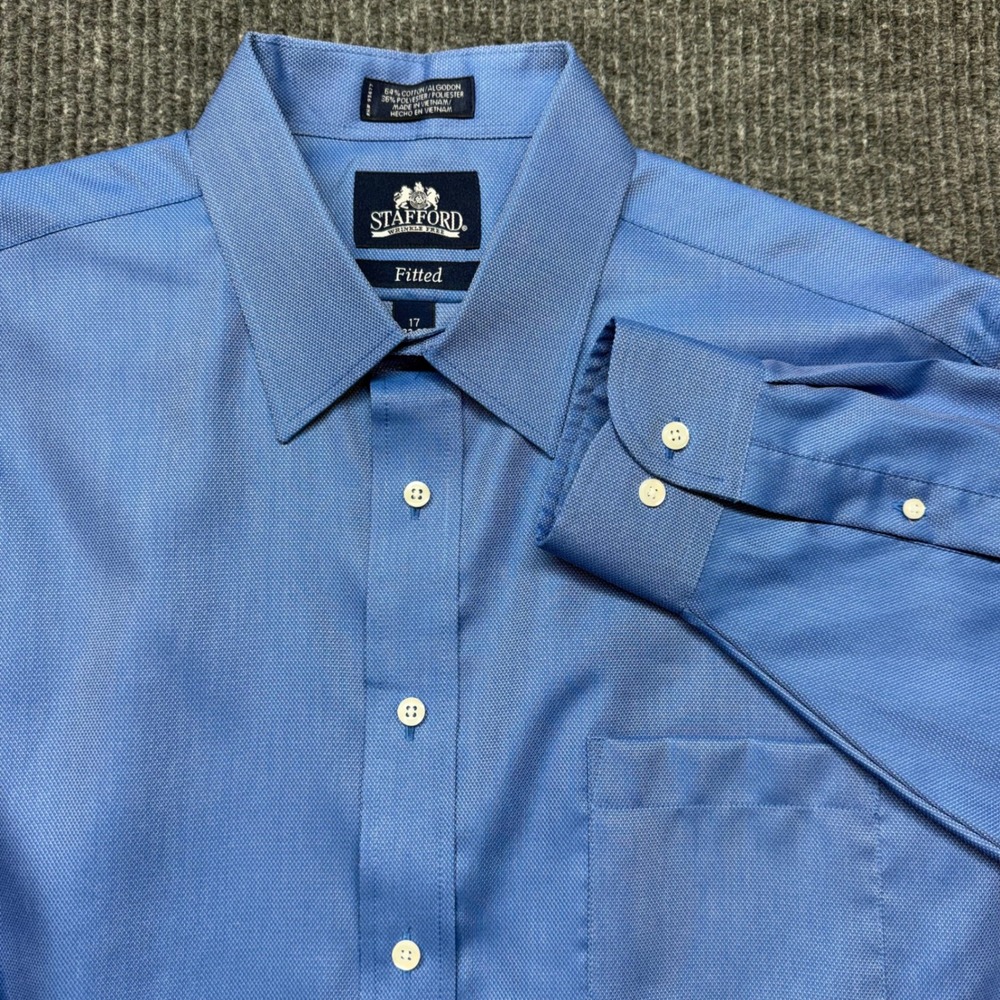 Stafford Fitted Dress Shirt Mens‎ 17 32/33 Blue Wrinkle Free Cotton Blend